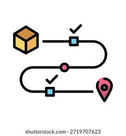 Icono de seguimiento de envío con línea de tiempo de ruta de entrega y Locación de pin de mapa