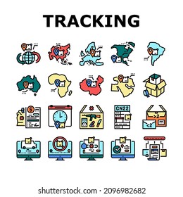 Shipment Tracking International Icons Set Vector. Middle East And Europe, China And Africa, Australia And Asia, South America And North America Shipment Tracking Line. Color Illustrations