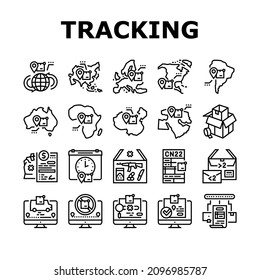 Shipment Tracking International Icons Set Vector. Middle East And Europe, China And Africa, Australia And Asia, South America And North America Shipment Tracking Black Contour Illustrations