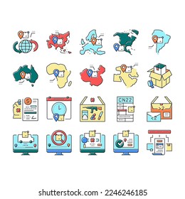 Shipment Tracking International Icons Set Vector. Middle East And Europe, China And Africa, Australia And Asia, South America And North America Shipment Tracking Line. Color Illustrations