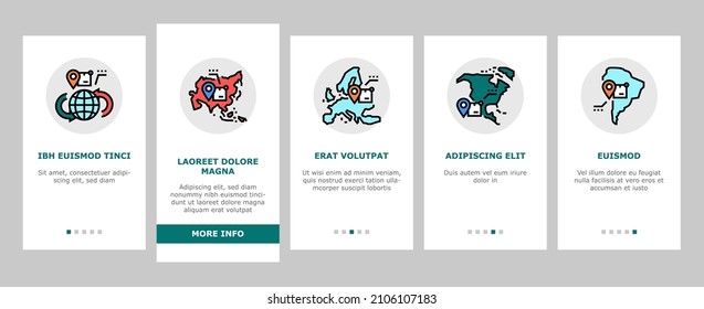 Shipment Tracking International Onboarding Mobile App Page Screen Vector. Middle East And Europe, China And Africa, Australia And Asia, South America And North America Shipment Tracking Illustrations