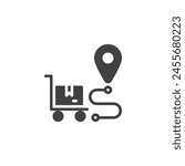 Shipment tracking vector icon. filled flat sign for mobile concept and web design. Cart with parcel box and map pin glyph icon. Last mile delivery symbol, logo illustration. Vector graphics