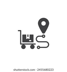 Shipment tracking vector icon. filled flat sign for mobile concept and web design. Cart with parcel box and map pin glyph icon. Last mile delivery symbol, logo illustration. Vector graphics