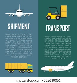 Shipment and transport flyers set vector illustration. Forklift truck with boxes, loading cargo in jet airplane and freight truck icons. Delivery transportation, commercial air shipping service