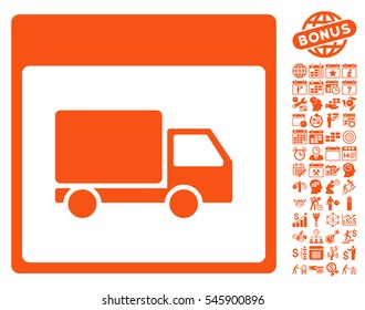 Shipment Truck Calendar Page icon with bonus calendar and time management pictograph collection. Vector illustration style is flat iconic symbols, orange, white background.