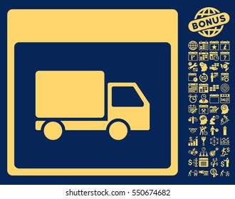 Shipment Truck Calendar Page pictograph with bonus calendar and time management icon set. Vector illustration style is flat iconic symbols, yellow, blue background.