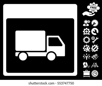 Shipment Truck Calendar Page pictograph with bonus service images. Vector illustration style is flat iconic symbols, white, black background.
