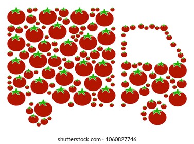 Shipment Van collage of tomato in various sizes. Vector tomato items are grouped into shipment van composition. Vegetarian vector illustration.