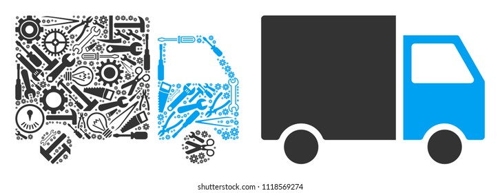 Shipment van composition of service instruments. Vector shipment van icon is done of gear wheels, screwdrivers and other service items. Concept of technician job.