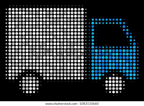 Shipment van halftone vector icon.\
Illustration style is pixelated iconic shipment van symbol on a\
black background. Halftone pattern is made of circle\
pixels.