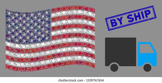 Shipment van icons are arranged into USA flag mosaic with blue rectangle grunge stamp seal of By Ship phrase. Vector composition of American waving official flag is constructed of shipment van icons.