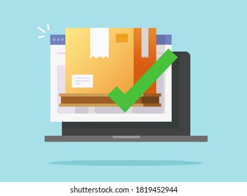 Shipped cargo freight online order check mark on laptop computer icon vector, internet parcel mail pack delivered with checkmark electronic approval on pc screen flat cartoon illustration