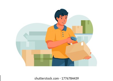 The shipper is scanning a box's barcode. Vector Illustration concept.