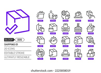 Versand 01-bezogen, Pixel perfekt, editierbarer Strich, nach oben skalierbar, Linie, Vektorbloop-Symbol Set. 