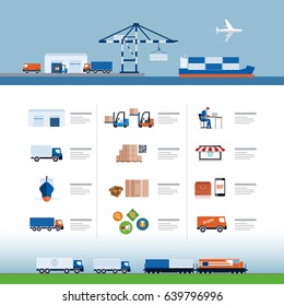 Shipping, air transport, trucks, trains; sea freight, production, warehouse, selling and delivery process vector illustration. Logistic delivery template. 