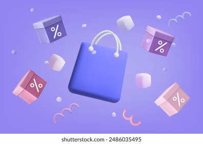 Shipping bag, 3d icon. Flying boxes with low interest rates. Fast delivery of goods on time. Online shopping, transporting products in a bag, reduced percent, bonus, discount. Vector illustration.