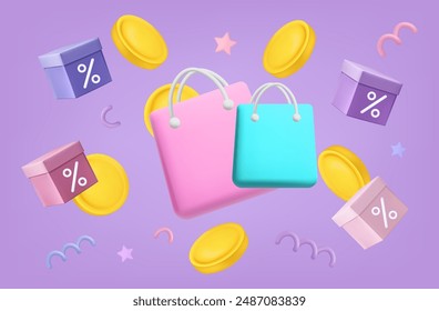 Shipping bag with flying gold coins. Delivery of promotional offer, low interest. Voucher with profitable bonuses, gift box, shopping bag. Online shipping, sale with discounts. Low interest. Vector 3d