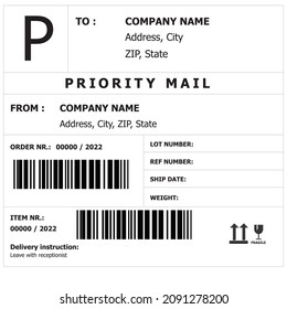 Shipping Barcode Label Template. Packaging, Cargo Labels Or Sticker. Priority Mail With Barcode Mock Up,  Delivery Bar Code Mockup.  Vector Illustration.