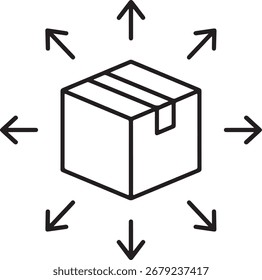 Shipping box with arrows showing distribution and delivery