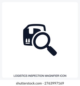 A shipping box being viewed through a magnifying glass, symbolizing cargo inspection, quality control, or searching for contraband.