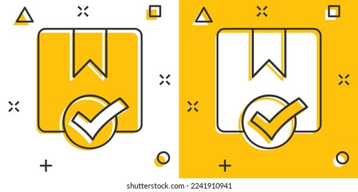 Shipping box check icon in comic style. Container approve cartoon vector illustration on white isolated background. Cardboard package splash effect business concept.