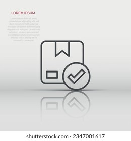 Shipping box check icon in flat style. Container approve vector illustration on white isolated background. Cardboard package business concept.
