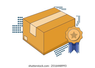 Shipping Box Concept with High Quality Badge. Product Qualification Concept Design. Premium quality product, shipping concept. Badge. Flat vector illustration on background.