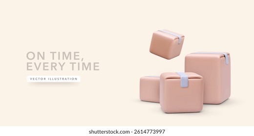 Shipping Box Delivery Concept In Soft 3D Style Representing Fast, Reliable Courier And Ecommerce Service With Floating Parcel Design On Neutral Background. Vector Illustration.