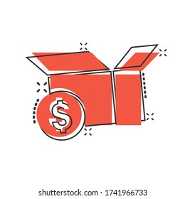 Shipping box with dollar icon in comic style. Container cartoon vector illustration on white isolated background. Cardboard package splash effect business concept.
