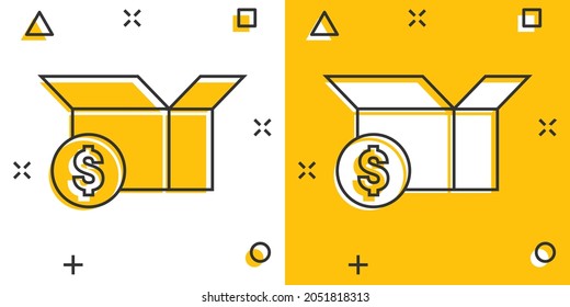 Shipping box with dollar icon in comic style. Container cartoon vector illustration on white isolated background. Cardboard package splash effect business concept.