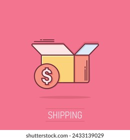 Shipping box with dollar icon in comic style. Container cartoon vector illustration on isolated background. Cardboard package splash effect business concept.