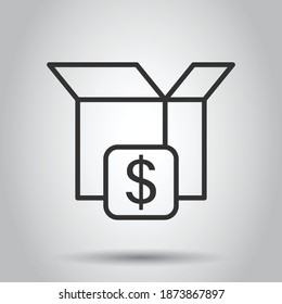 Shipping box with dollar icon in flat style. Container vector illustration on white isolated background. Cardboard package business concept.