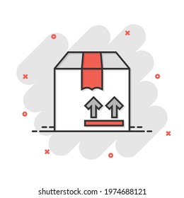 Shipping box icon in comic style. Container cartoon vector illustration on white isolated background. Cardboard package splash effect business concept.