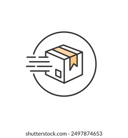 Icono de la caja de envío. Imagen del paquete en caja con efecto flash que describe que ha sido enviado y en el camino al Cliente. Ilustración de una caja en un círculo.