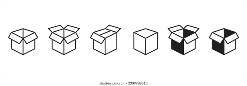 Shipping box icon set. Empty open and close box for delivery packaging icons. Cardboard box vector stock illustration.