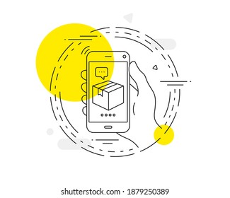 Icono de línea de la caja de envío. Botón vector del teléfono móvil. Signo de entrega logística. Símbolo de seguimiento de paquetes. Icono de línea de paquete. Insignia conceptual abstracta. Vector