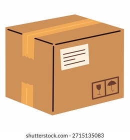 Caja de envío con símbolos en estilo plano dibujado a mano para instrucciones de logística y manejo. Ideal para imágenes de carga, gráficos de almacén y diseño de embalaje.