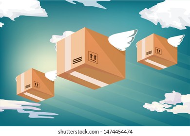 Shipping boxes flying with wings