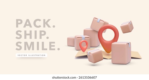 Shipping Boxes And Location Pin Represent Fast Delivery And Package Tracking Services For Ecommerce Or Courier Apps. Clean 3D Render On Soft Background. Vector Illustration.