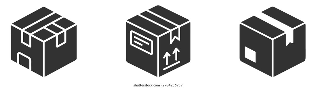 shipping boxes set icons, package delivery and logistics symbol, parcel container illustration on transparent background