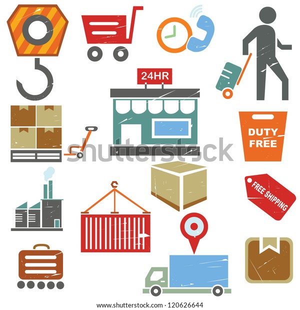 shipping business icons, supply chain management in\
grunge and vintage\
style