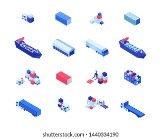 Conjunto de ilustraciones vectoriales isométricas de la empresa de envío. Buques de carga, almacenes, carretillas elevadoras de carga y coches de coche. Entrega de envíos marítimos, elementos de diseño de la industria del transporte