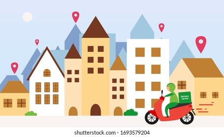 Shipping by motorcycle. Delivery service in vector. Shopping online at home. Delivery man in vector.
