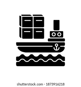 Shipping by sea black glyph icon. Commercial transportation, international postal service. Distribution industry silhouette symbol on white space. Shipment delivery. Vector isolated illustration