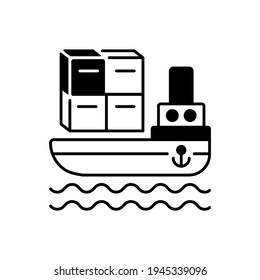 Shipping by sea black linear icon. Commercial transportation, international postal service. Distribution industry outline symbol on white space. Shipment delivery. Vector isolated illustration