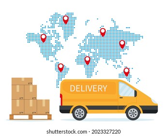 Versand, KartenVektorgrafik. Export, Import-Konzept-Hintergrund mit globaler Erdkarte mit Markern Eps10