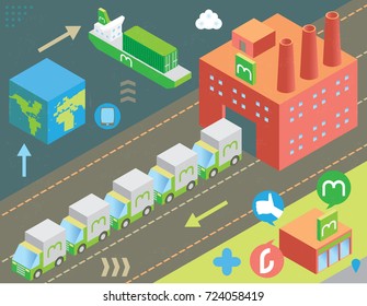 Shipping and cargo concept with industry and shopping icons, with infographics elements and grunge texture.