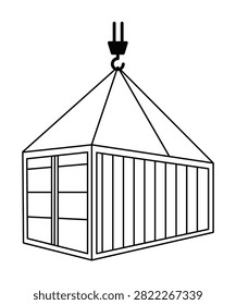 Shipping Cargo Container Icon Vector with Crane Hook Freight Transport Logistics Outline and Isolated Industrial Container Illustration.