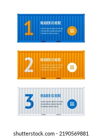 Shipping Cargo Containers Infographics Banners Template Horizontal Set. Vector illustration of Container Banner for Business Presentation