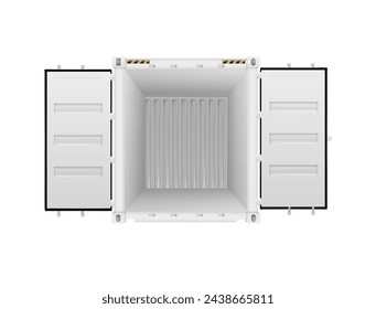 Contenedores de carga de envío con puertas abiertas, cerradas y conjunto realista. Cajas de carga de acero para almacenamiento, transporte. Vector contenedor de barco.